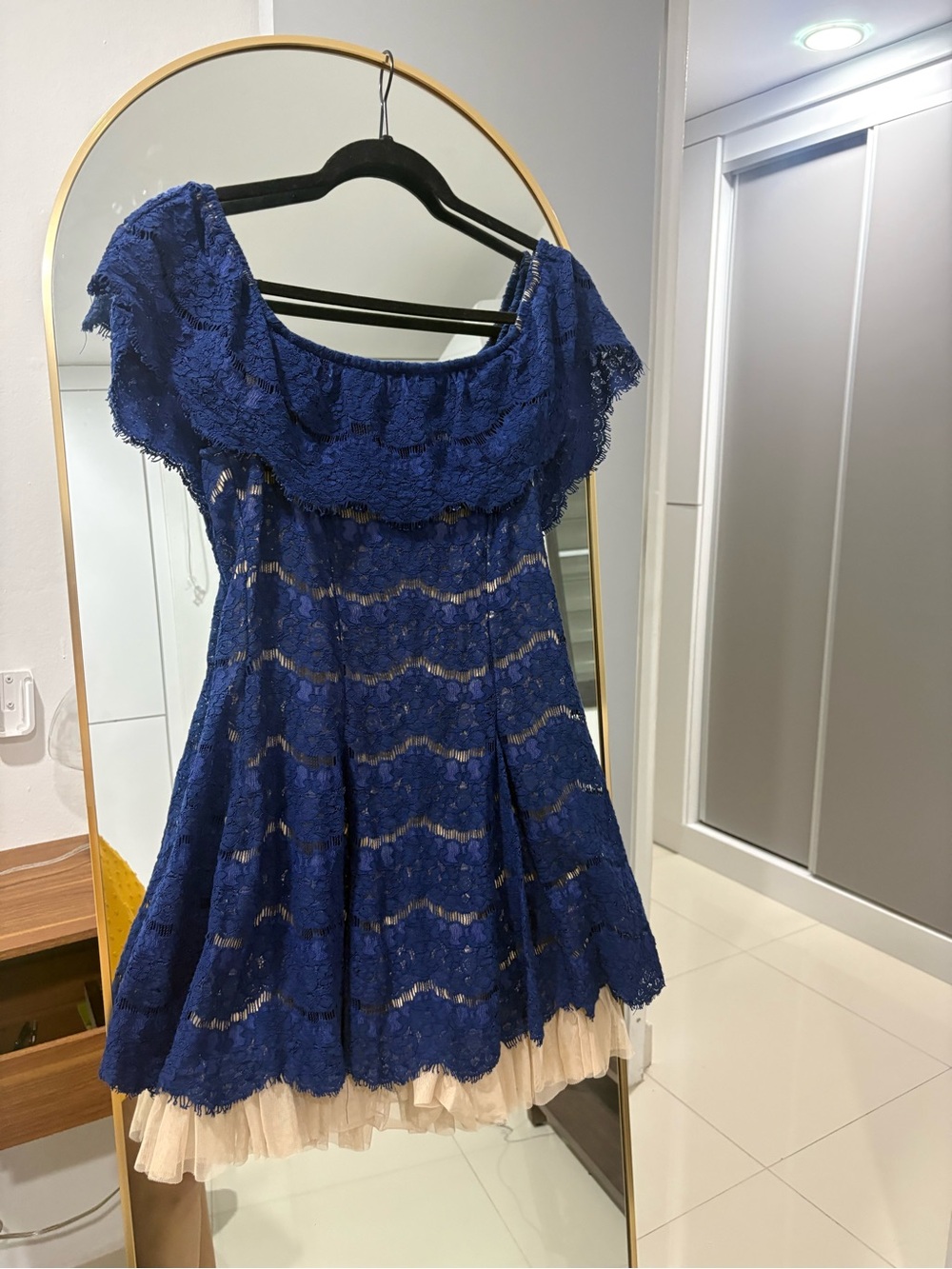 Francesca's Collections Navy Lace Party Dress with Cream Tulle Hem